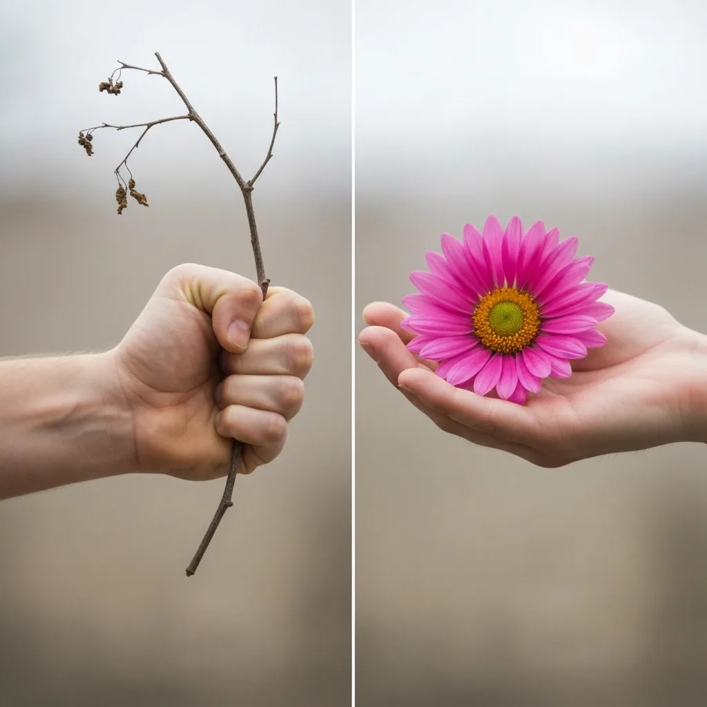 A split-screen visual metaphor: on one side, a tightly clenched fist holding a dry, withered branch; on the other side, an open, relaxed palm holding a vibrant, blooming flower. The background is a soft, blurred neutral tone to draw focus to the hands. Symbolizing the shift from emotional asceticism and nervous system contraction to somatic receptivity and joy. Photorealistic, macro photography.