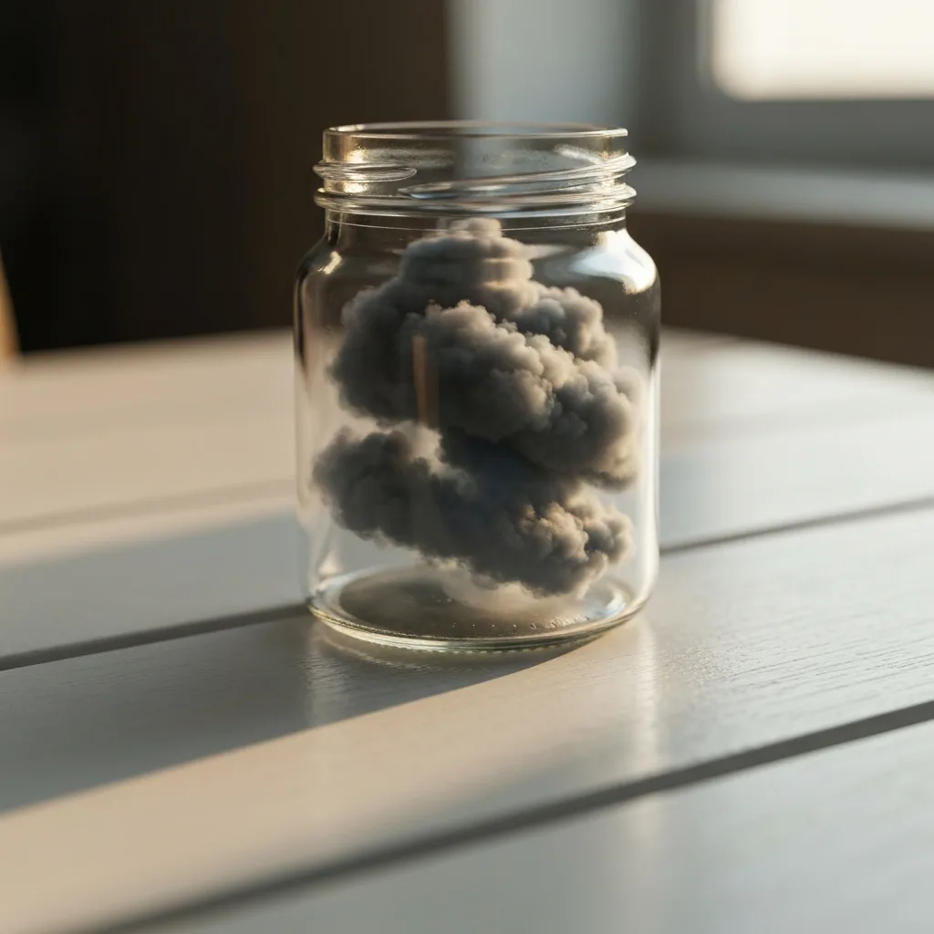 A macro shot of a delicate glass jar containing a turbulent, dark storm cloud, sitting on a clean, peaceful wooden table bathed in warm morning light. Represents holding onto predictable chaos in a peaceful environment. Cinematic lighting, photorealistic.