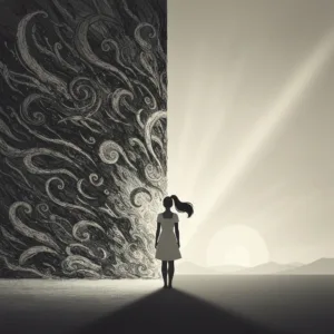 A conceptual, highly detailed illustration of a person standing on a threshold between a chaotic, dark, swirling storm of abstract shapes on one side, and a calm, sunlit, serene minimalist landscape on the other. The person's body language shows hesitation toward the calm side. Soft, atmospheric lighting, psychological art style.