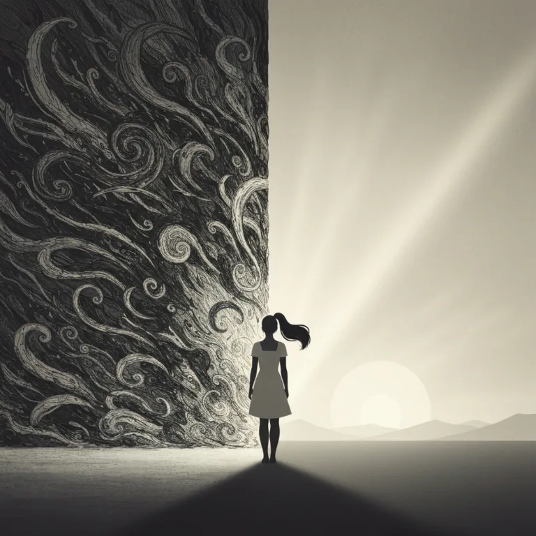 A conceptual, highly detailed illustration of a person standing on a threshold between a chaotic, dark, swirling storm of abstract shapes on one side, and a calm, sunlit, serene minimalist landscape on the other. The person's body language shows hesitation toward the calm side. Soft, atmospheric lighting, psychological art style.