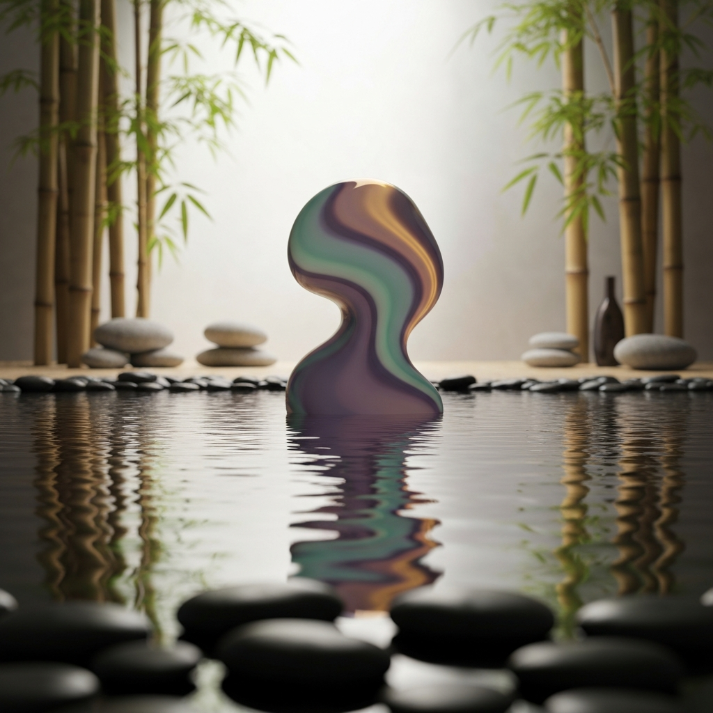 A photorealistic image of a serene meditation space. In the center, a perfectly still pool of water reflects an abstract, fluid shape that is constantly changing colors, featuring soft teals, muted purples, and warm ambers. The surrounding environment is grounded with natural elements like smooth river stones and subtle, diffused sunlight filtering through bamboo, representing the concept of the fluid self and nervous system regulation.