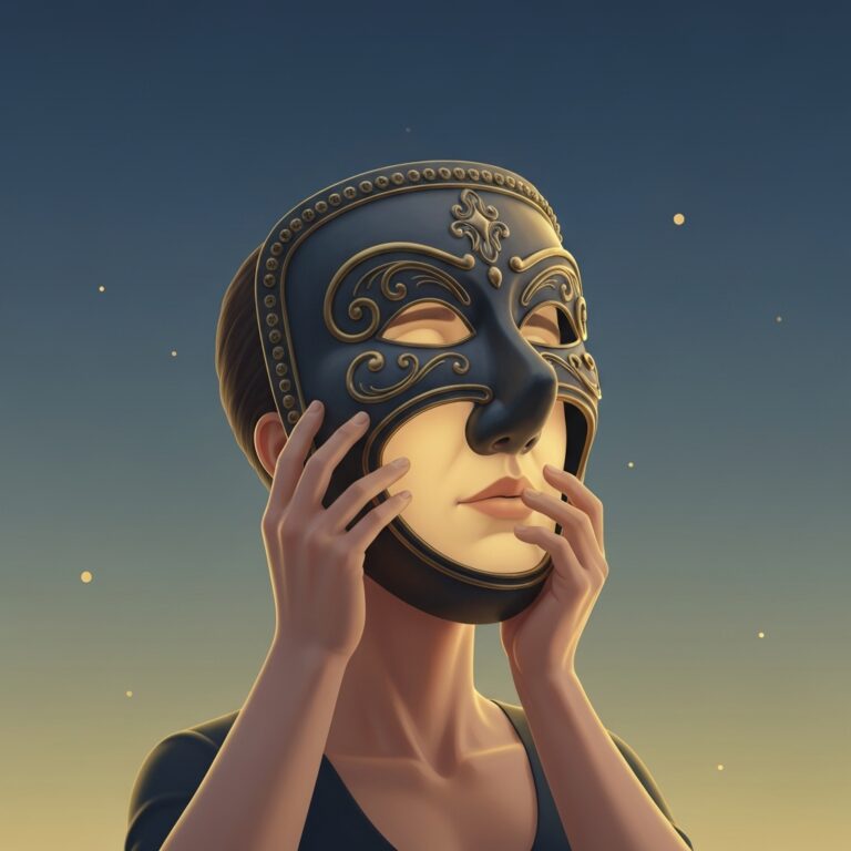 A conceptual, high-quality digital illustration of a person slowly taking off a heavy, ornate theatrical mask. The mask represents a rigid social role. The person's face underneath looks relieved and peaceful, illuminated by a soft, warm light. The background is a minimalist, calming gradient of deep blues and soft golds, symbolizing the transition from psychological restriction to emotional freedom.