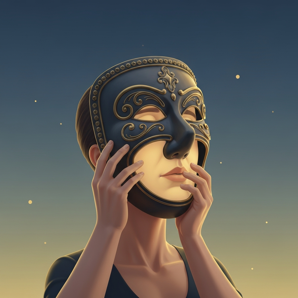 A conceptual, high-quality digital illustration of a person slowly taking off a heavy, ornate theatrical mask. The mask represents a rigid social role. The person's face underneath looks relieved and peaceful, illuminated by a soft, warm light. The background is a minimalist, calming gradient of deep blues and soft golds, symbolizing the transition from psychological restriction to emotional freedom.