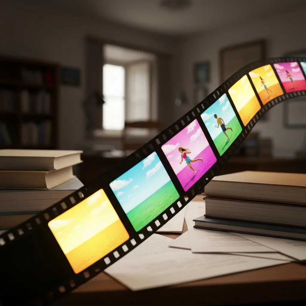 A conceptual macro shot of a vintage film reel unspooling, where the illuminated frames show bright, glowing, idealized memories, while the surrounding room is in sharp, realistic focus, symbolizing the contrast between an edited past and the raw present, photorealistic.