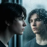 A cinematic, moody photograph of a person looking out a rain-streaked window, their reflection faintly shifting into a younger version of themselves, capturing the bittersweet feeling of nostalgia and memory, soft natural lighting, high resolution.