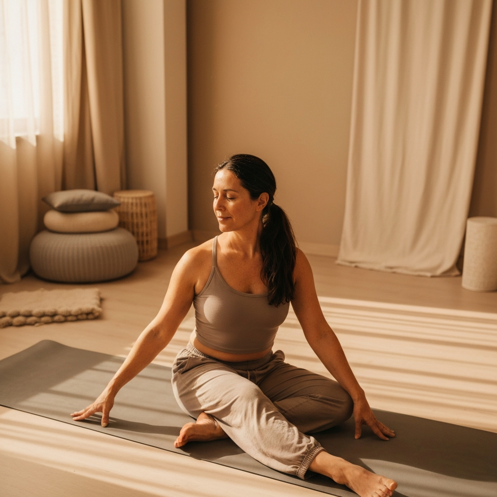 A serene, softly lit room where a person is practicing a mindful interoceptive pause. They are sitting comfortably with eyes closed, one hand gently placed on their heart and the other on their stomach. The atmosphere is calm, with warm golden-hour sunlight filtering through a nearby window, casting gentle, comforting shadows that symbolize somatic connection and internal safety.