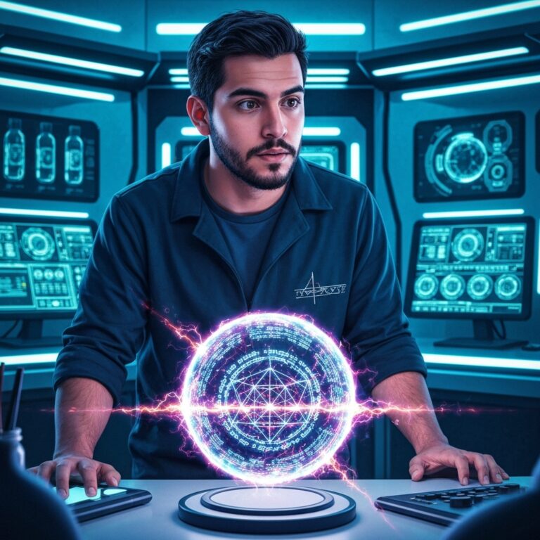 A conceptual digital art piece showing a glowing, translucent human figure sitting at a modern desk. The figure has a glowing, depleted red battery symbol in the center of the chest, while the head area is surrounded by chaotic, fast-moving bright blue light trails, illustrating the intense disconnect between physical exhaustion and mental overdrive.
