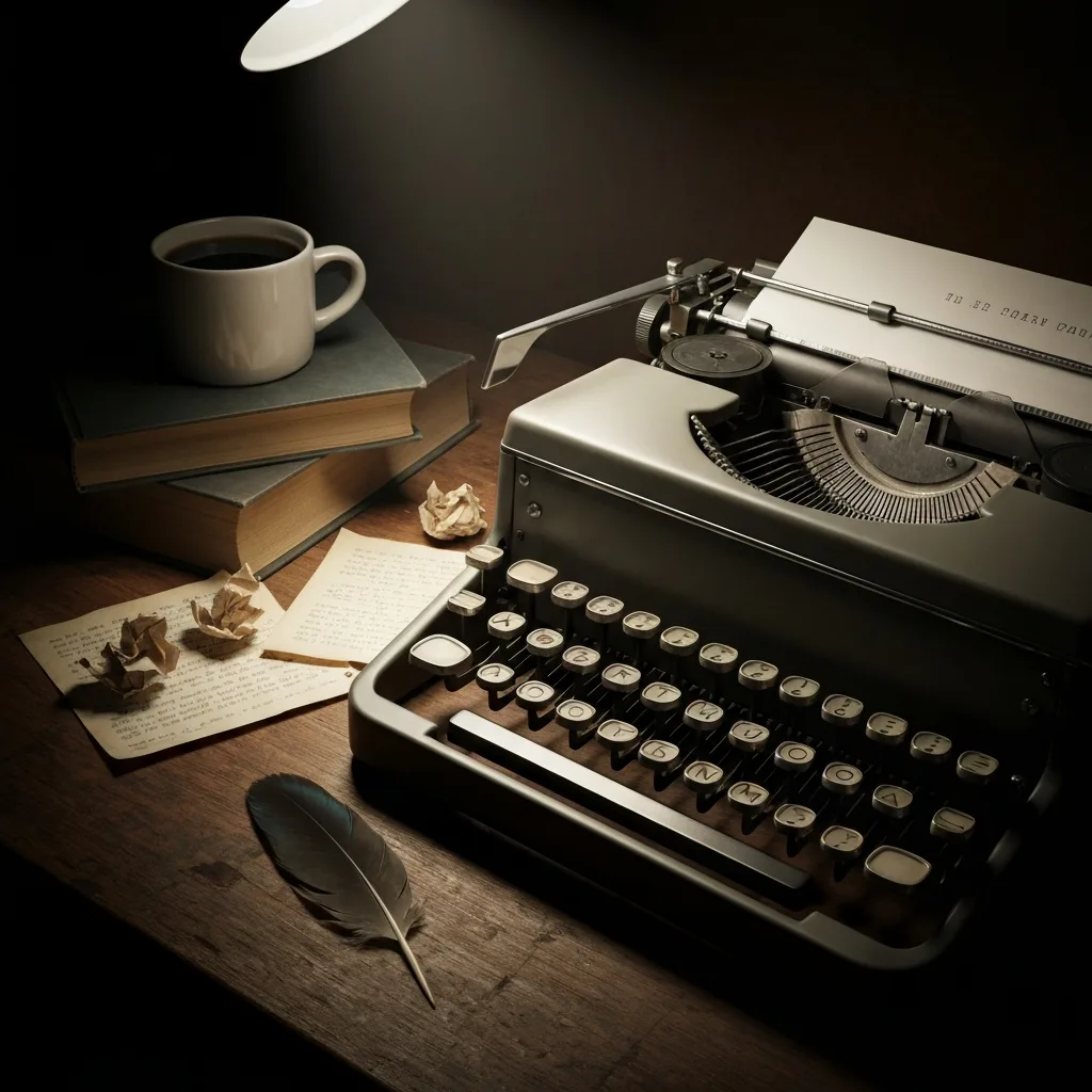 A dimly lit, cluttered writer's desk featuring a glowing vintage typewriter, crumpled papers, a half-empty cup of dark coffee, and a single, striking goldfinch feather. Chiaroscuro lighting, rich textures, evoking a sense of mystery and narrative depth.
