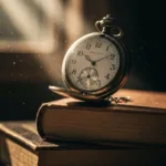 A close-up, moody, cinematic shot of an antique pocket watch resting on a stack of worn, leather-bound books. Dust motes dancing in a single shaft of warm sunlight. High detail, shallow depth of field, evocative and nostalgic atmosphere.