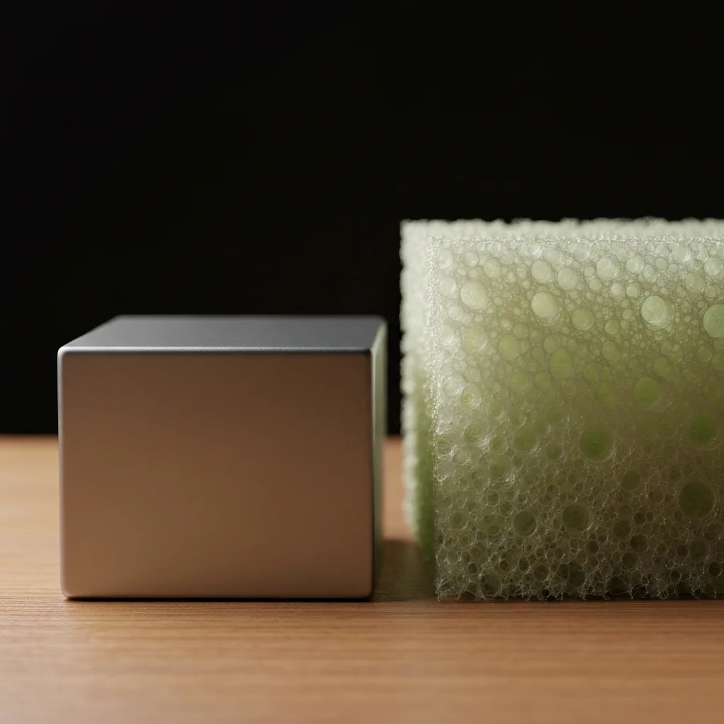 A macro shot of a heavy, solid tungsten cube resting on a minimalist wooden desk, placed directly next to a blurred, translucent, highly porous sponge. Cinematic lighting, conveying the visual contrast between dense, solid focus and fragmented, porous attention. High resolution, photorealistic, 8k, sharp focus on the metal cube.