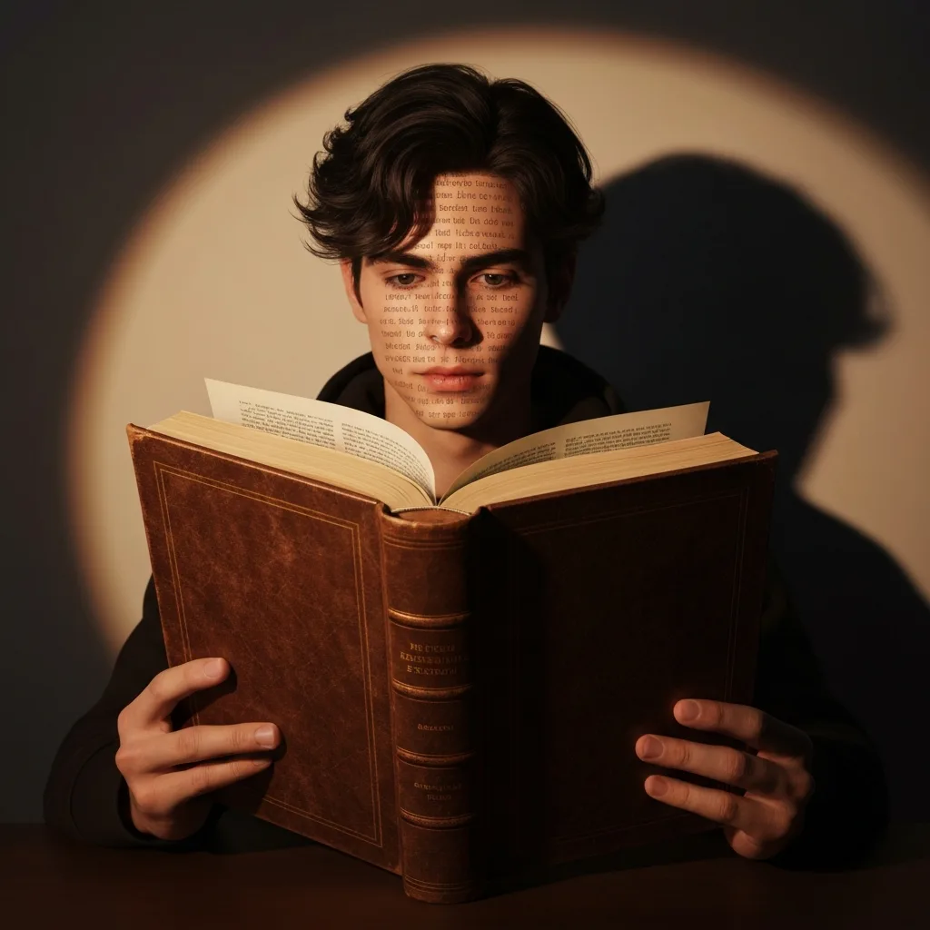 A close-up shot of a person reading a thick hardcover book in a dimly lit room, but their own face is faintly and surrealistically reflected in the text of the pages, symbolizing the second-person narrative. Cinematic lighting, moody atmosphere, highly detailed.
