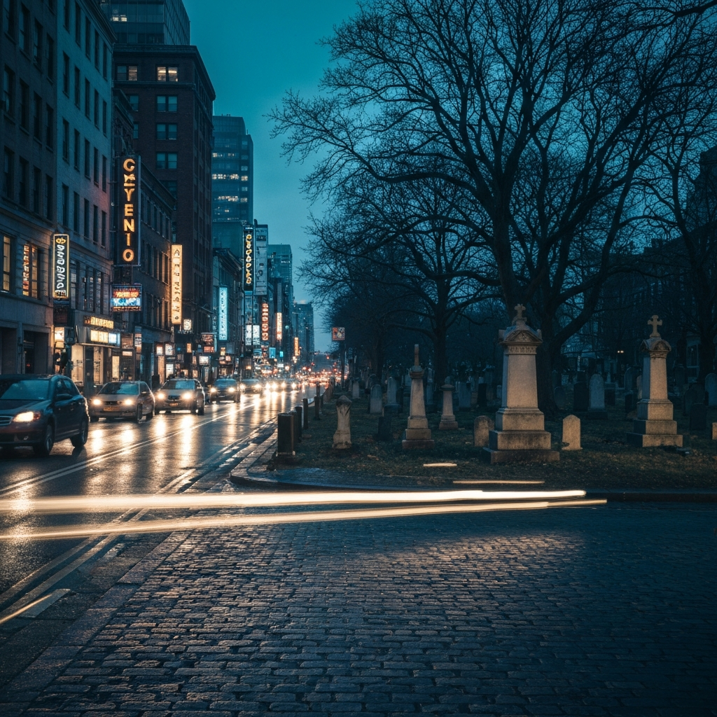 A double exposure image showing a bustling city street layered with a serene, ethereal graveyard at twilight, representing the overlap of the living and the dead, moody blue and gold color palette, high detail.