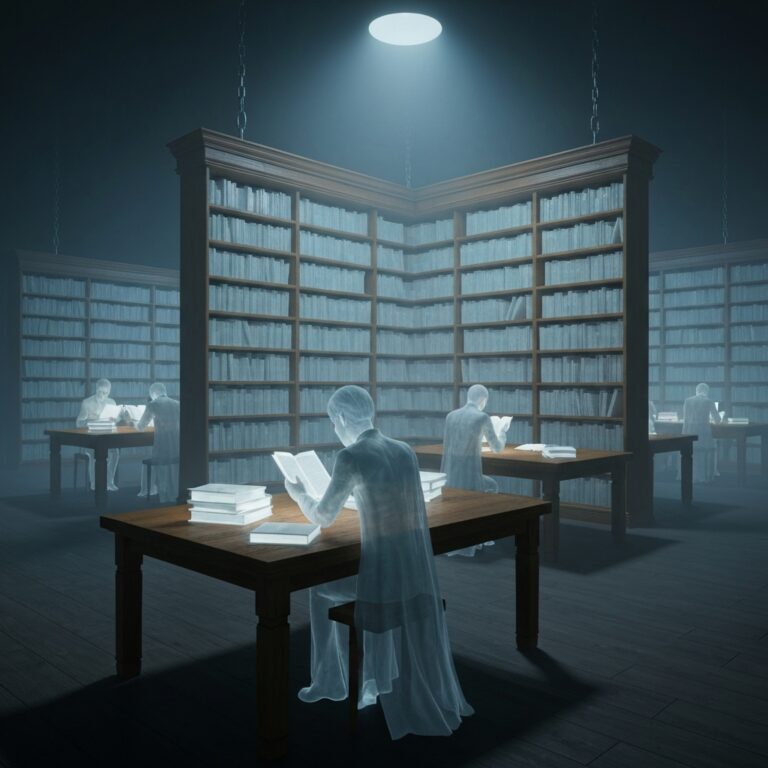 A surreal, atmospheric library floating in a dark, misty void, with glowing translucent books and faint, ghostly figures reading at oak tables, cinematic lighting, hyper-realistic.
