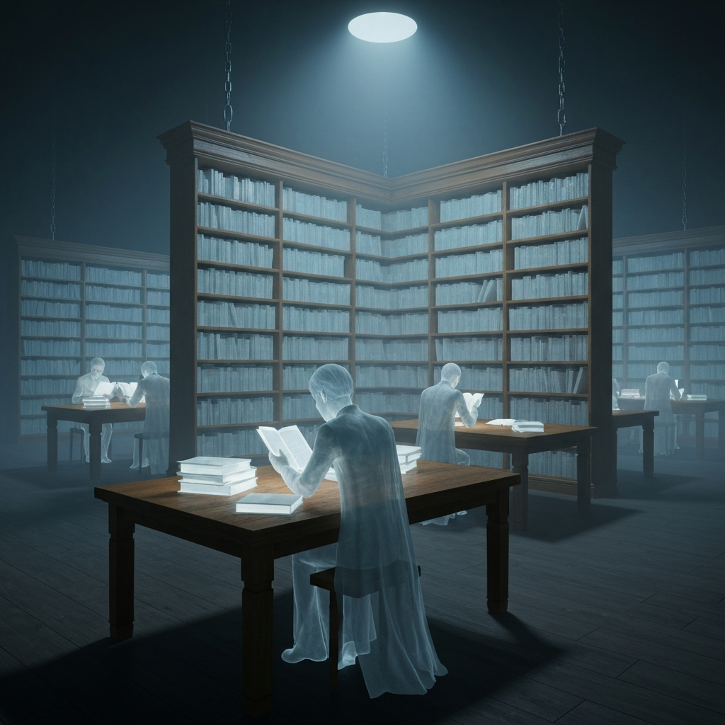 A surreal, atmospheric library floating in a dark, misty void, with glowing translucent books and faint, ghostly figures reading at oak tables, cinematic lighting, hyper-realistic.