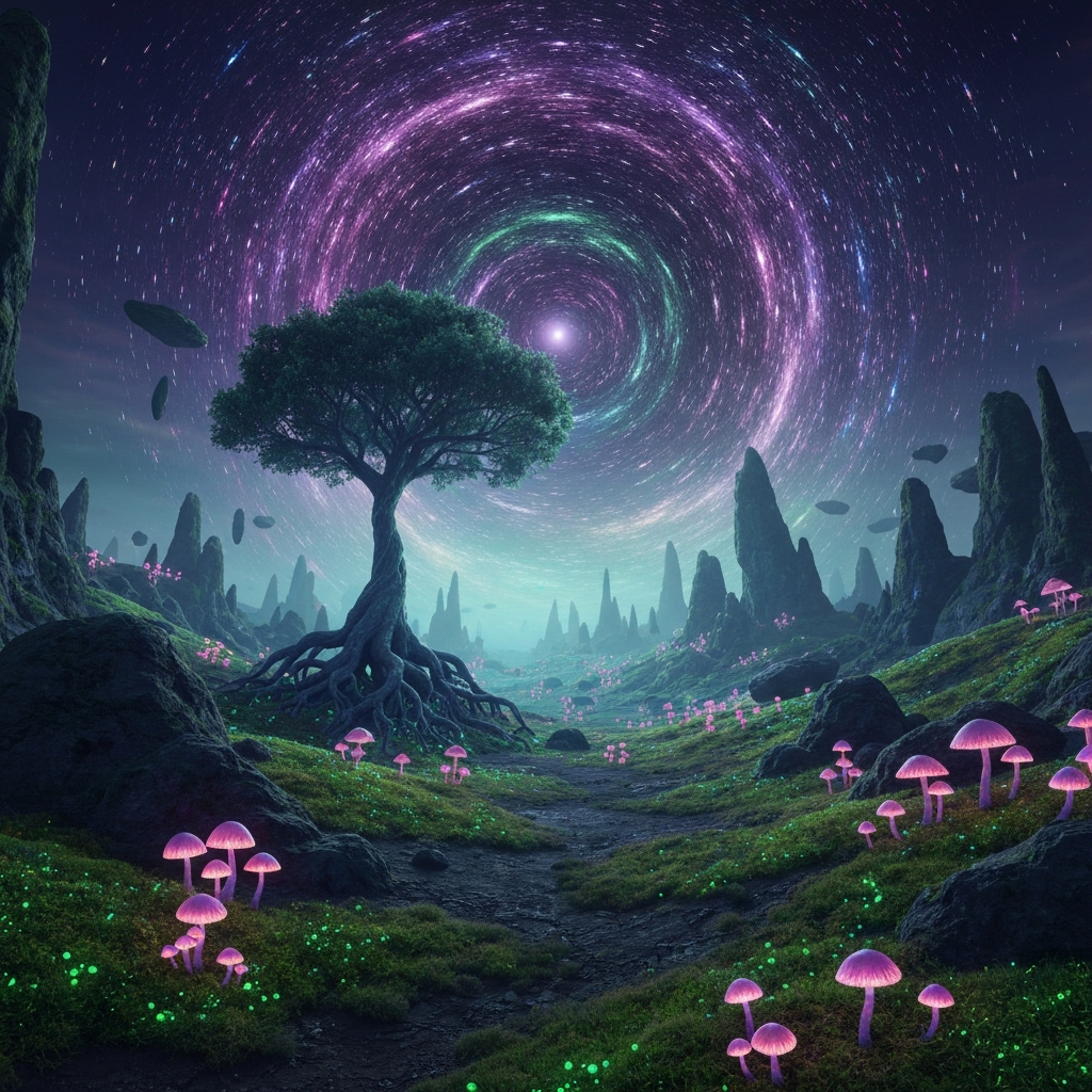 A surreal, atmospheric landscape blending different literary worlds through color. On the left, a bleak, monochromatic gray dystopian city; on the right, a sudden burst of vivid, saturated colors—emerald greens and golds—spilling over the border like paint. Artistic, conceptual illustration, highly detailed.