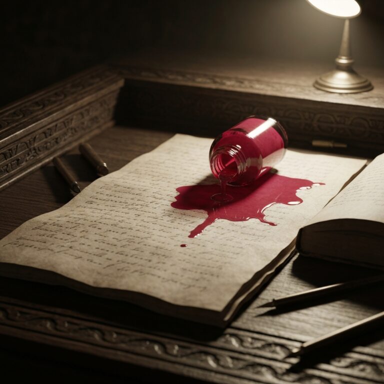 A close-up, highly detailed still life of an antique writing desk. A spilled bottle of vibrant crimson ink stains a thick, textured manuscript page, contrasting sharply with the muted, sepia-toned surroundings. Cinematic lighting, moody atmosphere, 8k resolution, photorealistic.