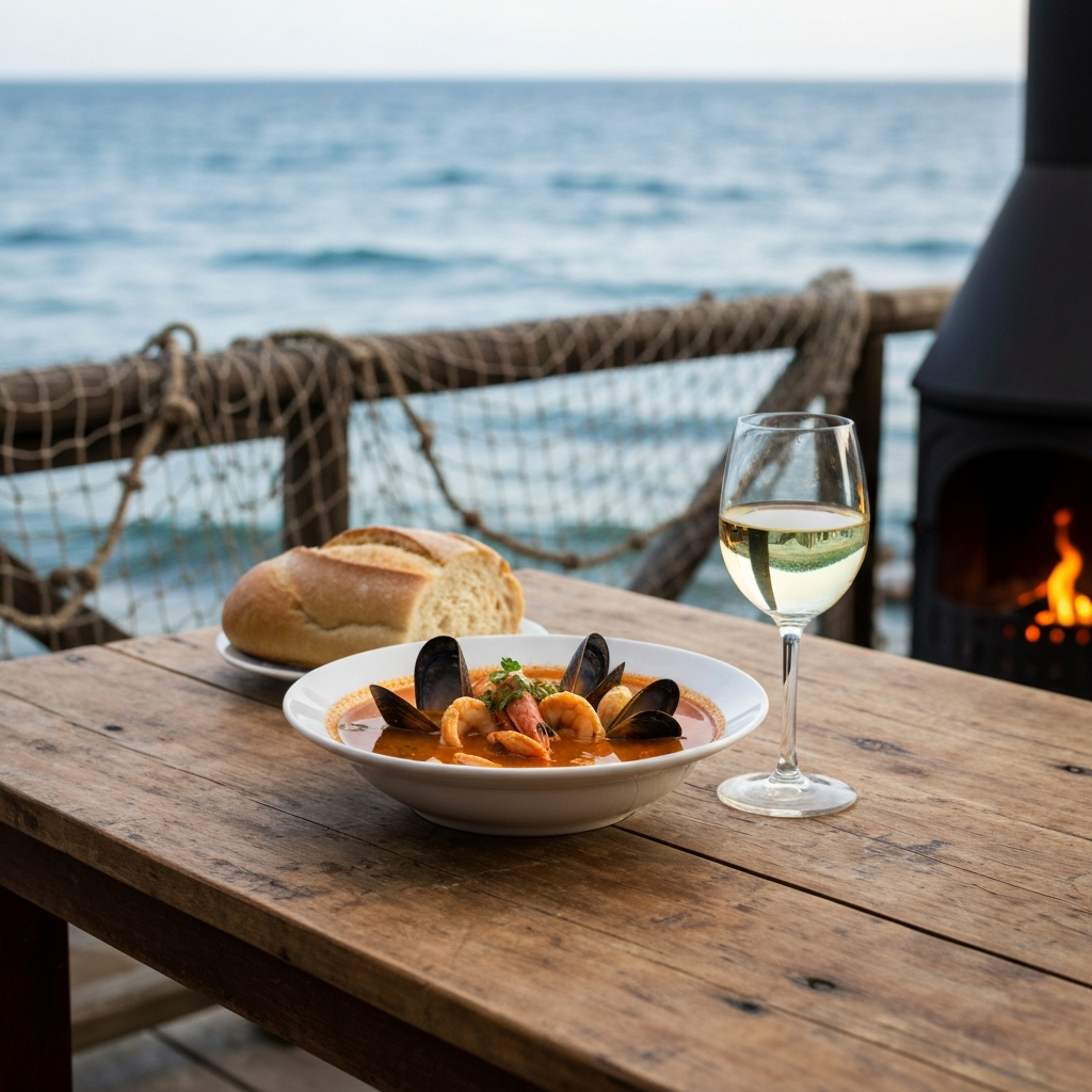 A rustic wooden table set with a steaming bowl of Mediterranean seafood stew, surrounded by crusty bread, a glass of white wine, and fishing nets in the blurred background, evoking a cozy coastal tavern atmosphere.