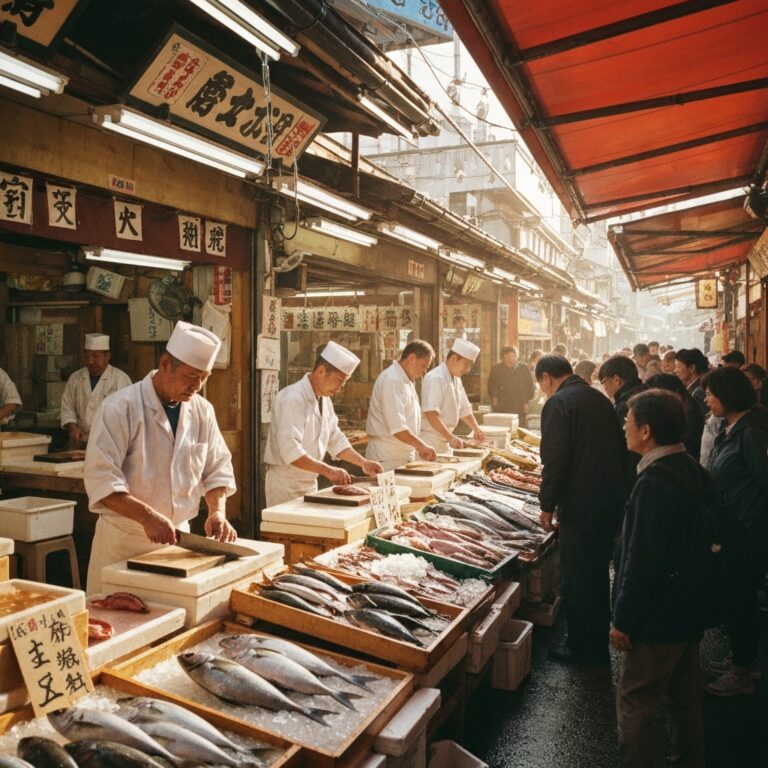 A vibrant, bustling traditional fish market in coastal Japan, showcasing fresh catches on ice, wooden stalls, and local fishermen interacting with chefs, captured in warm morning light, highly detailed.