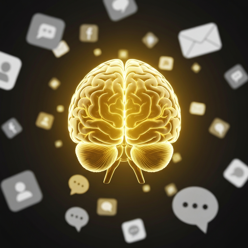 A conceptual visual showing a human brain glowing with intense, concentrated golden light in the center, surrounded by blurred, desaturated floating icons of social media, emails, and chat bubbles, representing the isolation of deep work against a noisy world.