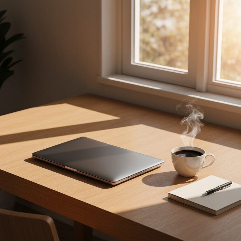 A minimalist workspace featuring a clean wooden desk, a single closed laptop, a steaming cup of black coffee, and a physical notebook with a pen, bathed in soft morning sunlight streaming through a nearby window, emphasizing extreme focus and lack of digital clutter.