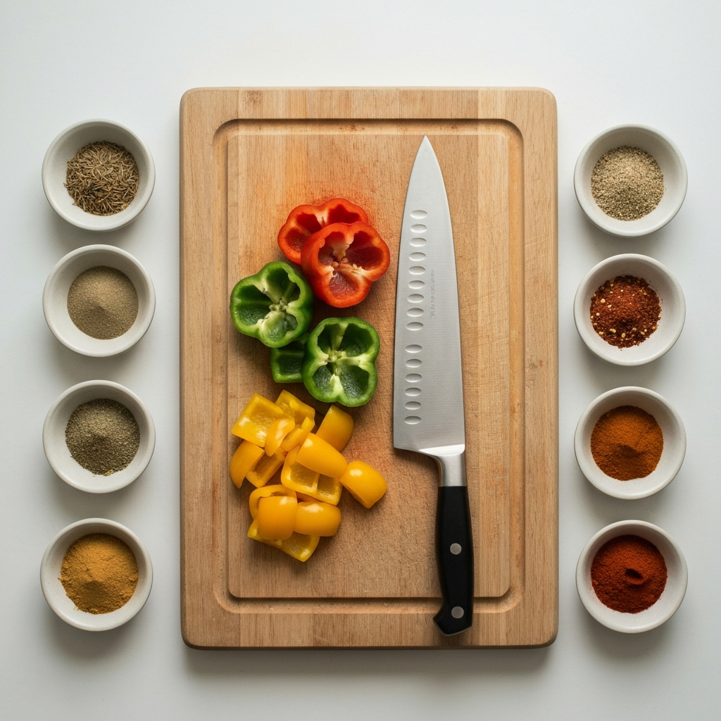 A top-down view of a neatly organized wooden cutting board with colorful chopped bell peppers, a sharp chef's knife, and small ceramic bowls of spices, evoking a deep sense of calm, order, and culinary preparation.