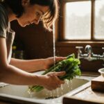 A close-up, warm, cinematic shot of hands gently washing fresh, vibrant green vegetables under a stream of water in a rustic kitchen sink, soft natural lighting illuminating the water droplets.