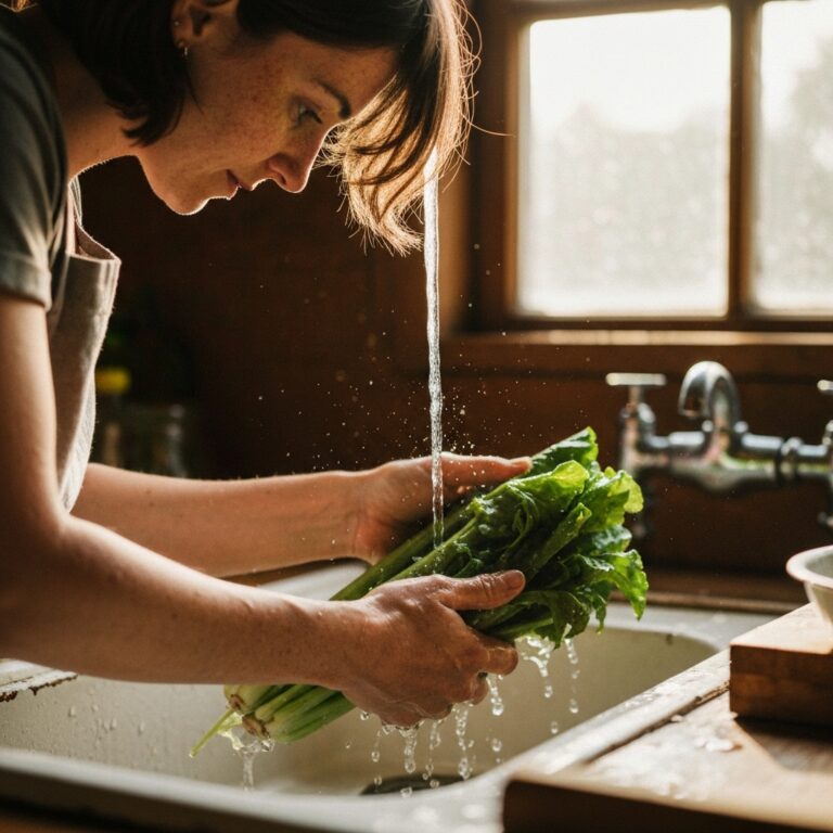 A close-up, warm, cinematic shot of hands gently washing fresh, vibrant green vegetables under a stream of water in a rustic kitchen sink, soft natural lighting illuminating the water droplets.