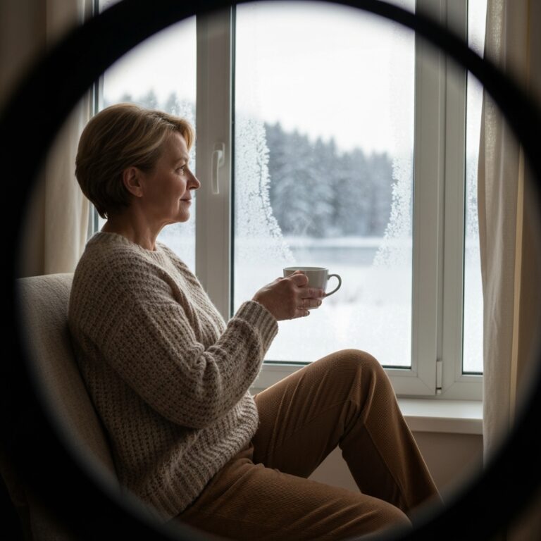 A serene, softly lit room during the holidays, showing a person sitting alone by a frost-covered window with a warm cup of tea, looking out at a peaceful snowy landscape. The scene represents a moment of quiet emotional regulation away from festive chaos. Soft, warm ambient lighting, photorealistic, cinematic.