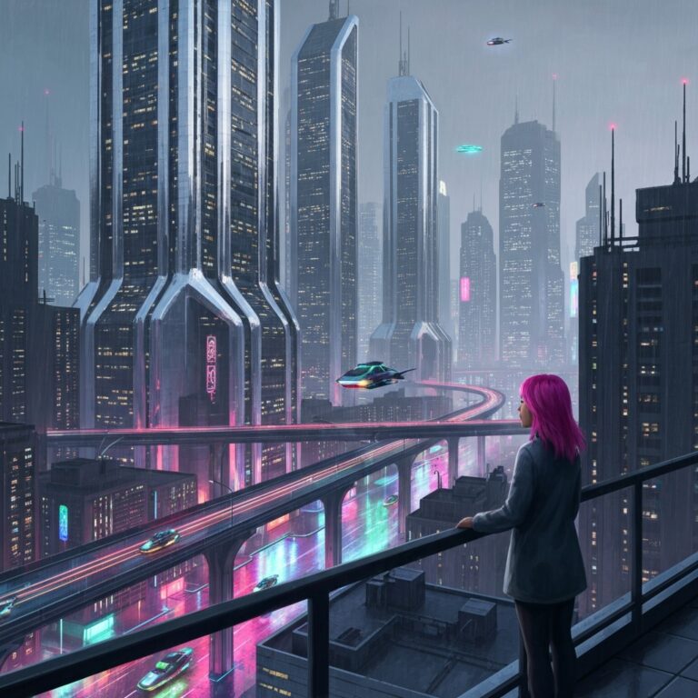 A hyper-realistic, moody illustration of a solitary figure looking out of a high-rise apartment window at a sprawling, neon-lit city at 3 AM. The room is dark, illuminated only by the cool blue light of the city and a single desk lamp, evoking a sense of urban insomnia and introspection.