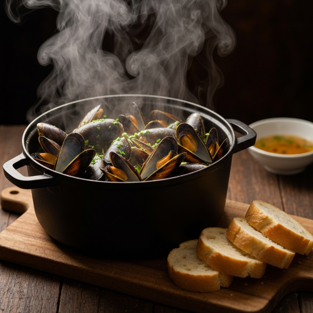 A large steaming black cast-iron pot filled with fresh mussels open in a rich white wine, garlic, and cream broth, garnished with fresh chopped herbs. Crusty slices of toasted sourdough bread rest on the side. Warm, inviting culinary setting, photorealistic.