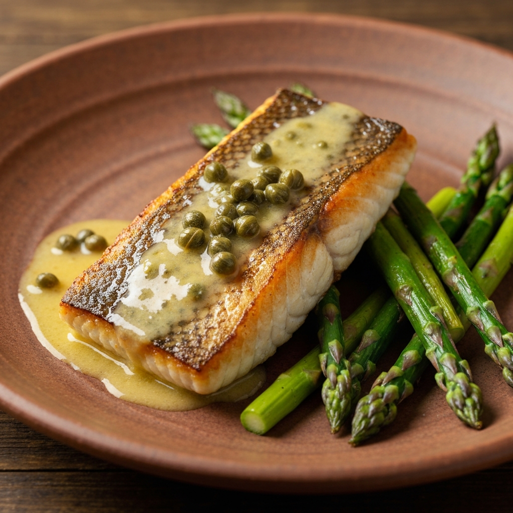 A beautifully plated pan-seared barramundi fillet with crispy golden skin, topped with a glossy lemon-caper butter sauce, served on a rustic ceramic plate next to vibrant green roasted asparagus. High-end food photography, natural studio lighting, macro detail.