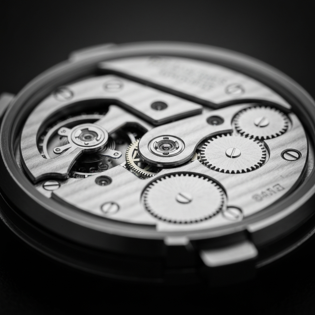 A macro shot of a complex mechanical watch movement, perfectly in focus, while the background is completely blurred out, symbolizing single-minded attention and intricate deep work. Warm ambient lighting, highly detailed.