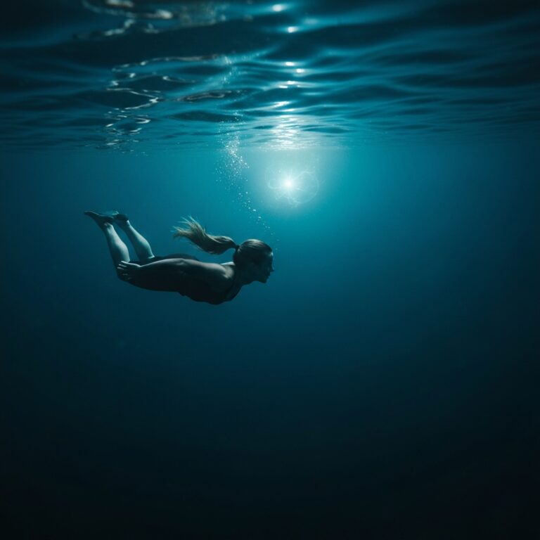 A cinematic, moody photograph of a person submerged underwater, swimming purposefully toward a glowing light in the deep ocean, representing deep focus and immersion. High contrast, deep blues, photorealistic, 8k resolution.