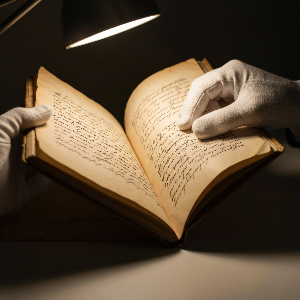 A close-up of a pair of hands wearing white cotton archival gloves, delicately opening a crumbling, centuries-old manuscript with faded ink and cryptic marginalia, soft warm desk lamp illumination, macro photography, realistic textures.