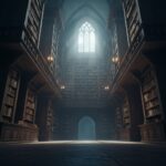 A dimly lit, labyrinthine library with impossibly high wooden bookshelves reaching into the shadows, dust motes dancing in shafts of pale moonlight, ancient leather-bound books, atmospheric, cinematic lighting, highly detailed.