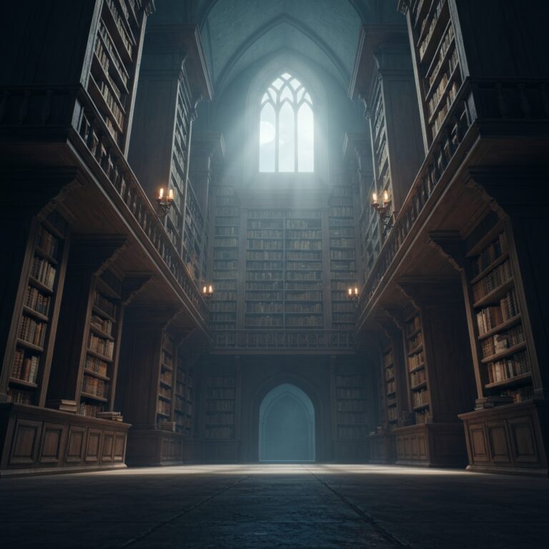 A dimly lit, labyrinthine library with impossibly high wooden bookshelves reaching into the shadows, dust motes dancing in shafts of pale moonlight, ancient leather-bound books, atmospheric, cinematic lighting, highly detailed.