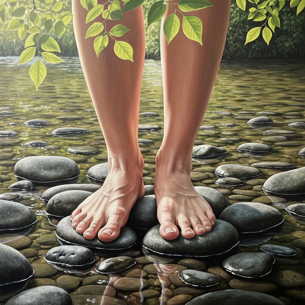 A close-up of a person's bare feet firmly planted on smooth, dark river stones, with shallow water gently flowing around them. The image evokes a deep sense of grounding, somatic anchoring, and stability. Soft, natural sunlight filtering through leaves above, creating a peaceful, organic atmosphere. High resolution, detailed textures.