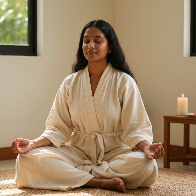 A serene, beautifully lit interior space where a single person sits in calm meditation, surrounded by blurred, fast-moving figures that represent chaos and reactivity. The lighting highlights the stillness of the central figure, casting a warm, grounding glow, contrasting with the cool, frantic energy of the blurred background. Cinematic, hyper-realistic, photorealistic.