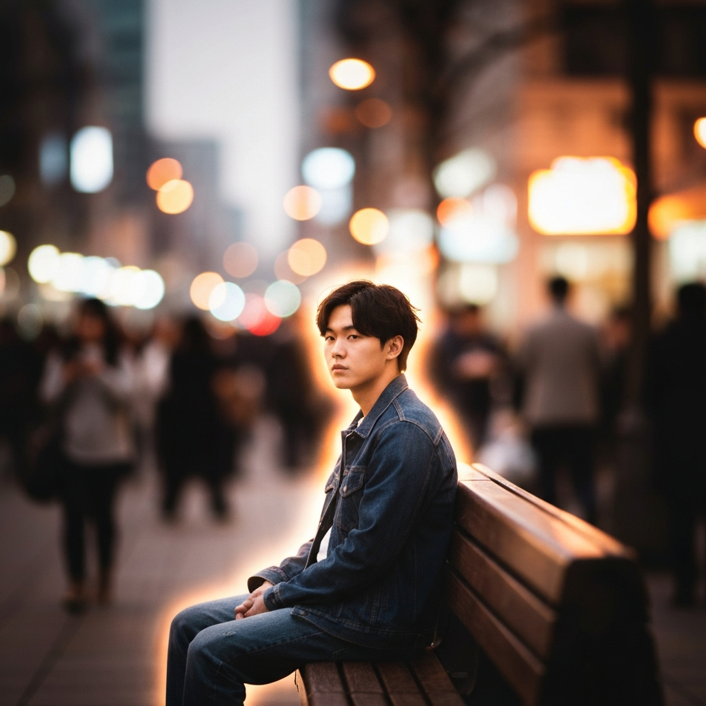 A cinematic, softly lit photograph of a person sitting on a crowded, blurred city bench, but they are in sharp focus, surrounded by a subtle, glowing aura of calm that pushes the chaotic, fast-moving city life into a gentle, muted background.
