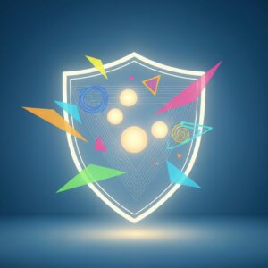A conceptual, minimalist illustration showing a glowing, semi-transparent shield filtering out chaotic, brightly colored geometric shapes, allowing only a few soft, warm spheres of light to pass through into a calm, serene blue space. High quality, editorial style.