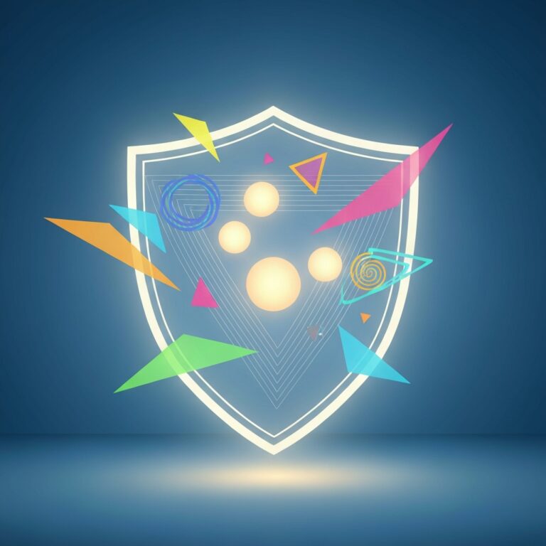 A conceptual, minimalist illustration showing a glowing, semi-transparent shield filtering out chaotic, brightly colored geometric shapes, allowing only a few soft, warm spheres of light to pass through into a calm, serene blue space. High quality, editorial style.