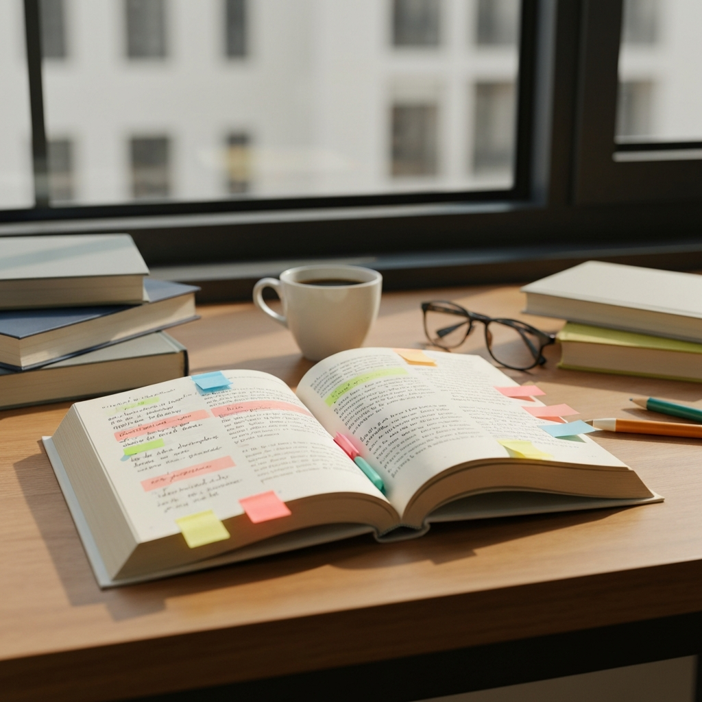 A modern aesthetic reading setup featuring an open paperback book heavily annotated with colorful sticky tabs, highlighted passages, and neat marginal notes in black ink. A cup of coffee and a pair of reading glasses sit nearby on a wooden desk. Bright, natural daylight, cozy atmosphere.