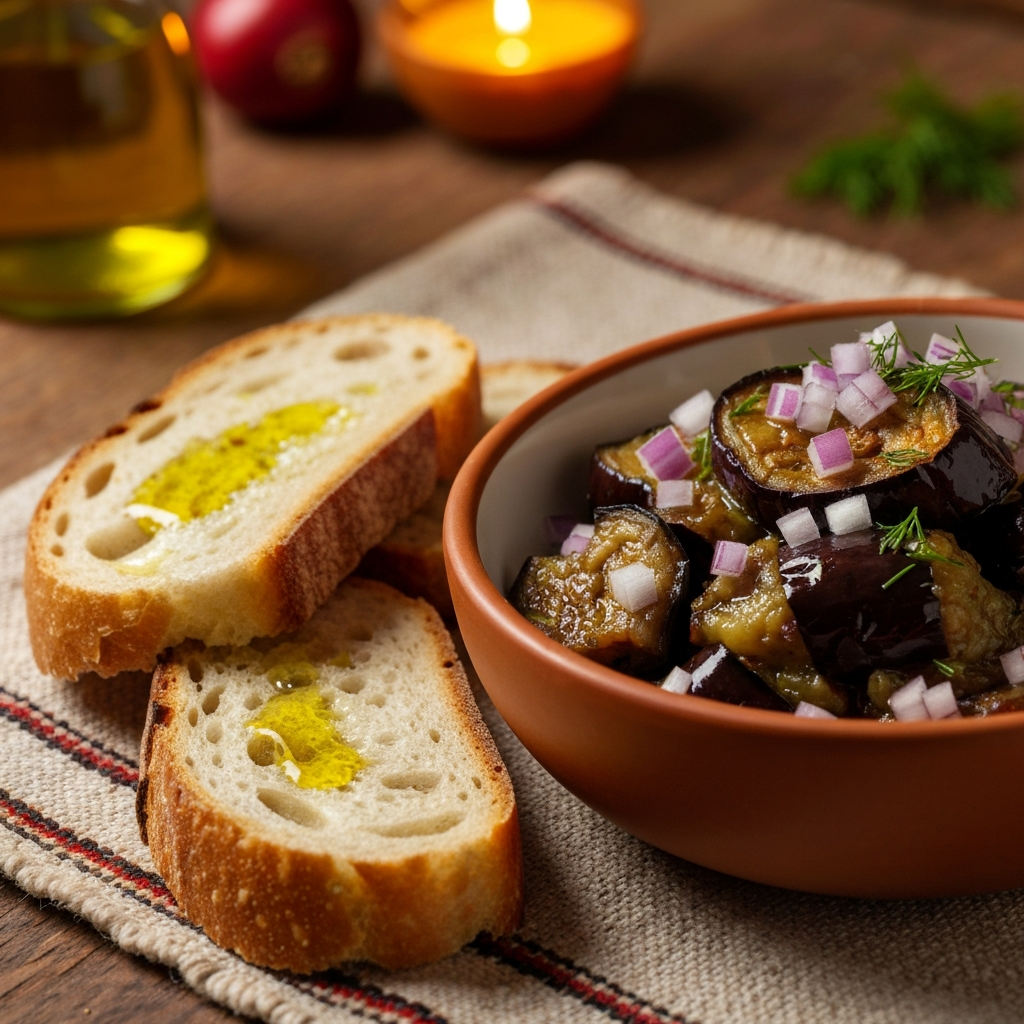 A close-up shot of a bowl of Romanian roasted eggplant salad (salata de vinete) garnished with a drizzle of sunflower oil and diced red onions, served alongside thick slices of crusty, rustic bread. The setting is cozy and traditional, with a woven tablecloth.