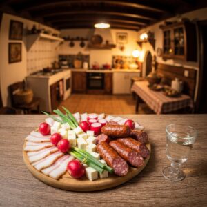 A rustic wooden table featuring a traditional Romanian appetizer platter. The board is loaded with sliced cured pork fat (slănina), smoked sausages, cubes of sheep's milk cheese, fresh red radishes, and green onions. Next to it, a small glass of clear plum brandy. Warm, natural lighting, food photography style.