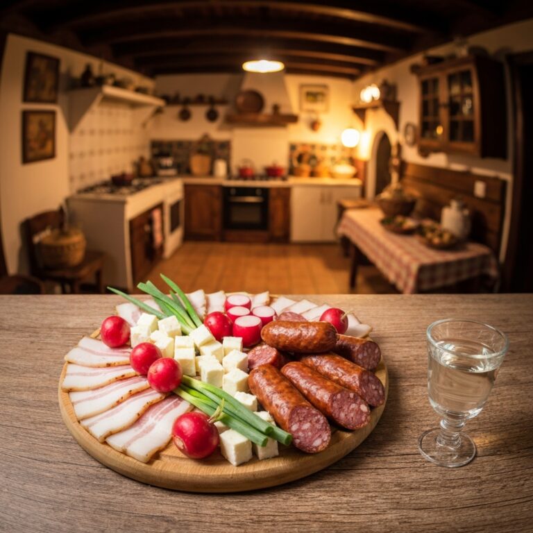 A rustic wooden table featuring a traditional Romanian appetizer platter. The board is loaded with sliced cured pork fat (slănina), smoked sausages, cubes of sheep's milk cheese, fresh red radishes, and green onions. Next to it, a small glass of clear plum brandy. Warm, natural lighting, food photography style.