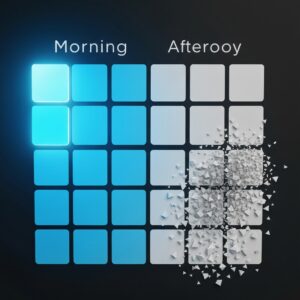A conceptual visual of a digital calendar interface where the morning time blocks are brightly illuminated, glowing, and solid, while the afternoon blocks are visually crumbling, faded, and fragmented, illustrating the concept of cognitive depletion. Minimalist, modern corporate aesthetic, high resolution.
