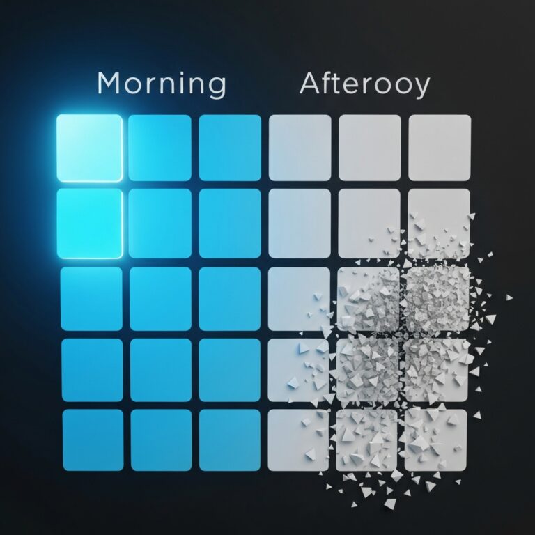 A conceptual visual of a digital calendar interface where the morning time blocks are brightly illuminated, glowing, and solid, while the afternoon blocks are visually crumbling, faded, and fragmented, illustrating the concept of cognitive depletion. Minimalist, modern corporate aesthetic, high resolution.