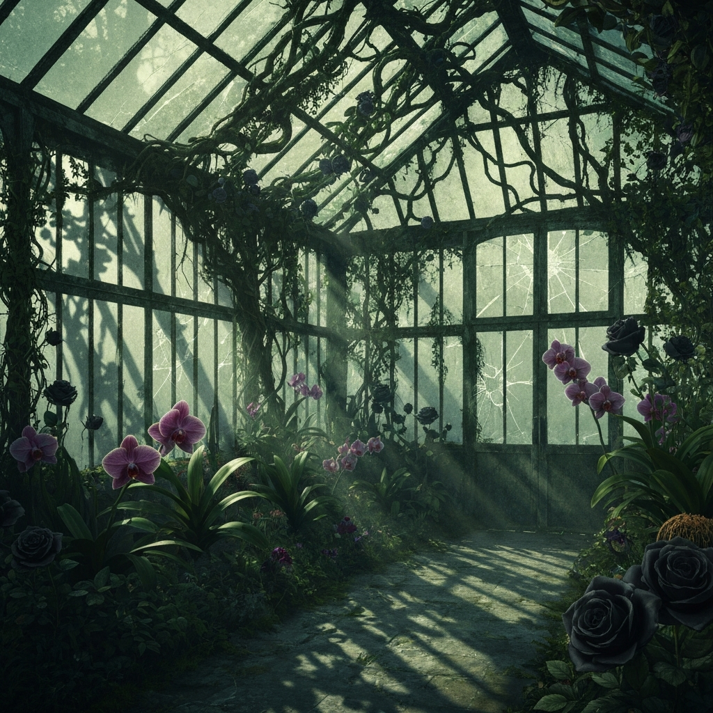 A Victorian-style glass greenhouse completely overgrown with aggressive, dark green vines and exotic, slightly unsettling blooming flora, shadows creeping across the cracked glass panes, atmospheric and gothic, digital illustration.