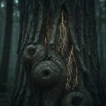A hyper-realistic close-up of an ancient, gnarled tree trunk in a dark forest, its bark glowing with faint, bioluminescent fungal networks that look like human neural pathways, moody lighting, cinematic, highly detailed.