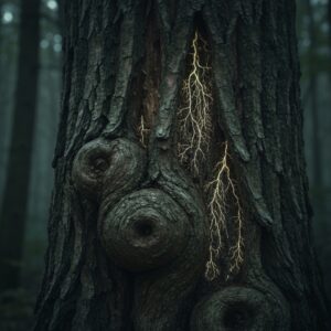 A hyper-realistic close-up of an ancient, gnarled tree trunk in a dark forest, its bark glowing with faint, bioluminescent fungal networks that look like human neural pathways, moody lighting, cinematic, highly detailed.
